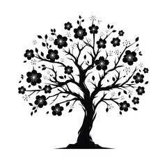 Ornate black silhouette of a flowering tree with detailed blossoms and leaves on a white background.