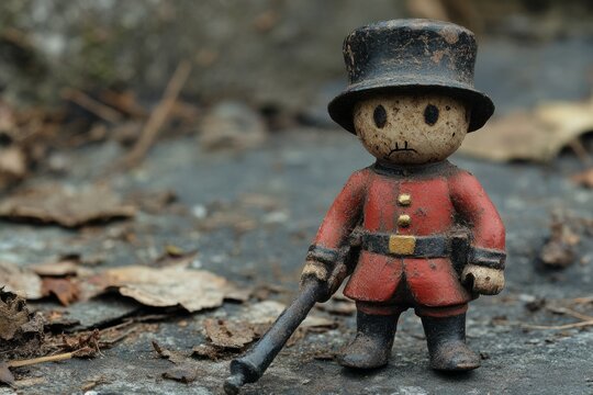 Small toy soldier with weathered red uniform and tall black hat stands on dirty ground holding a rifle