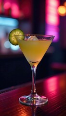 Cucumber cocktail, sleek bar, nightclub ambiance, lighting, clean, vodka