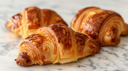 Golden Brown Croissants on Marble Surface Freshly Baked Display of Delicious Pastry Breads