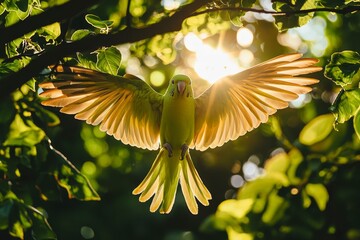 Cheerful parrot perched on a tree branch, spreading its wings wide.