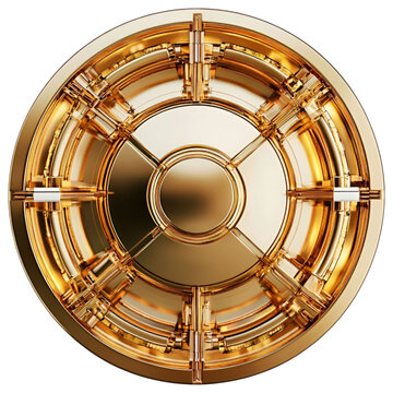Luxurious gold vault door with intricate locking mechanisms, isolated on a transparent background.
