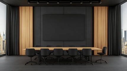 Modern Conference Room 3D Render: Dark Wood & Black Interior Design AI Generated