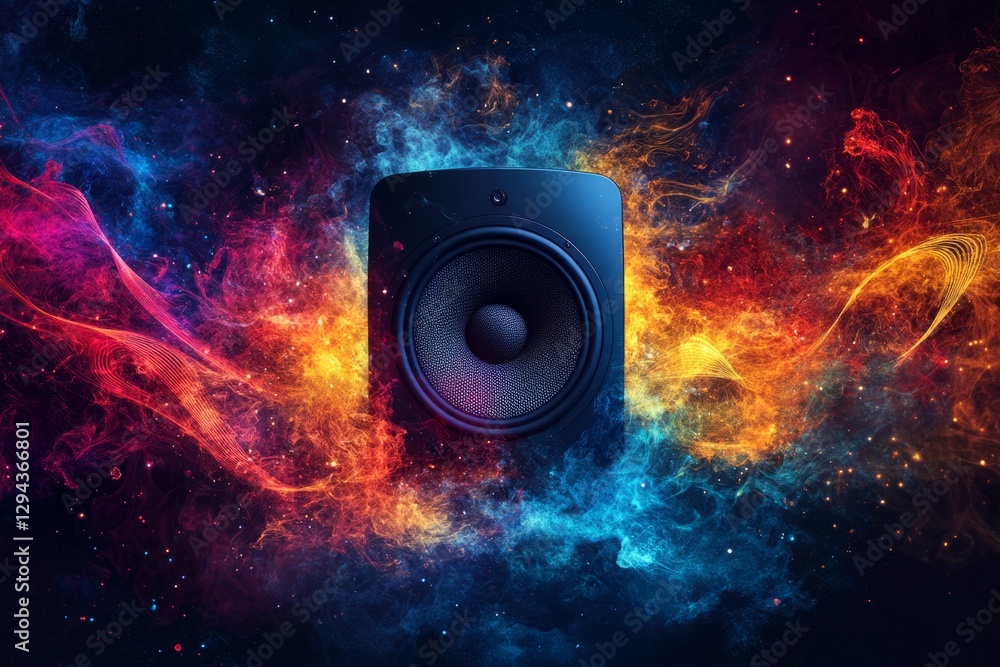 Poster studio monitor speaker floating in a colorful and vibrant nebula with sparkling stars, representing 