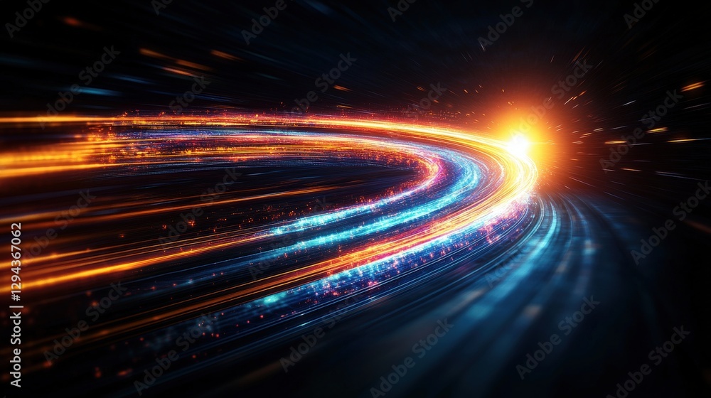 Poster abstract image of a tunnel with dynamic light streaks and bright orange illumination in a dark setti