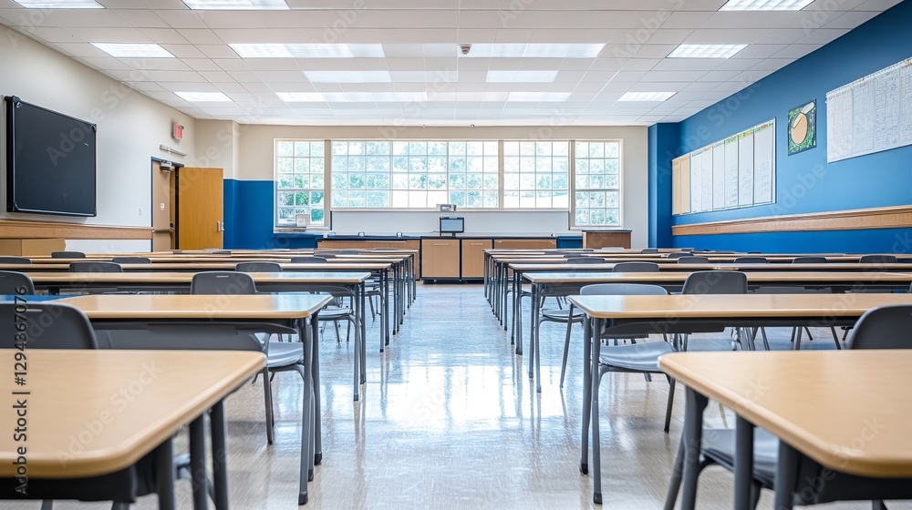 Poster empty classroom ready for learning with rows of desks.