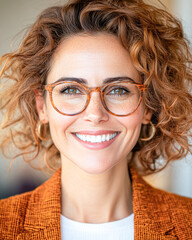 Obraz premium Smiling woman in glasses confident portrait in a bright office setting