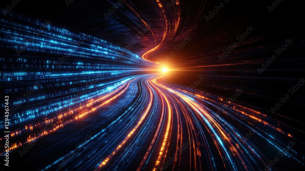 Poster abstract tunnel with dynamic light trails and glowing effects in the center of the image