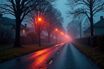 Enigmatic Residential Street at Dusk, Illuminated by Glowing Streetlights on a Misty Evening