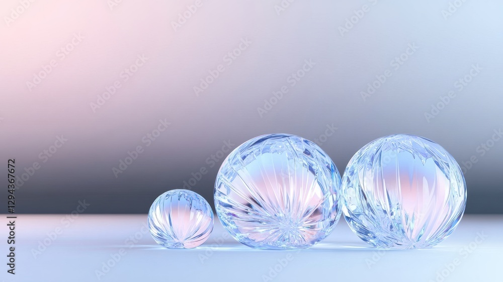 Poster abstract crystal spheres with soft gradient background reflecting light