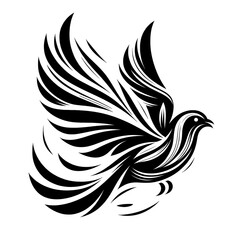 Obraz premium Stylized black and white illustration of a bird in flight, with intricate, flowing wing and body details.