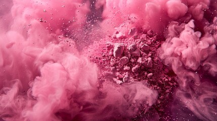 Fototapeta premium The striking pink powder erupts, enveloping the surrounding area in a vivid cloud. Fuzzy particles distribute throughout the air, creating a captivating visual effect.
