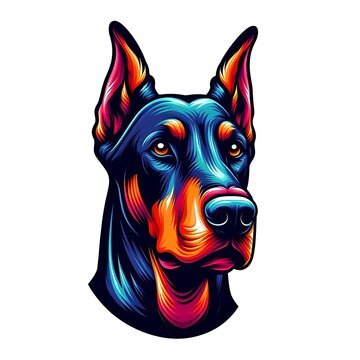 recommend clip art: Vibrant graphic portrait of a Doberman Pinscher head, bold colors and line art style.