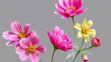Vibrant Pink and Yellow Cosmos Flowers on Grey Background