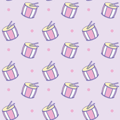 A seamless pastel pattern featuring adorable cartoon-style drums with drumsticks on a light purple background, perfect for music and playful designs, Vector Illustration