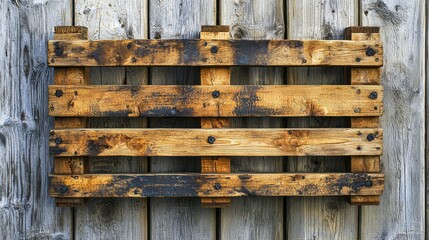 Rustic wooden pallet shelf on weathered wood wall