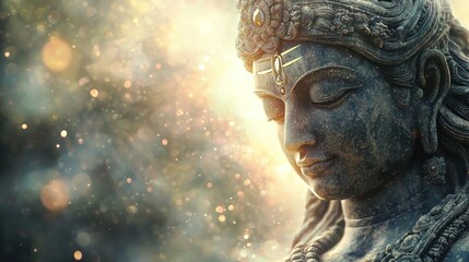 A close-up of a statue of Lord Shiva or Vishnu with an ethereal divine aura shining around it