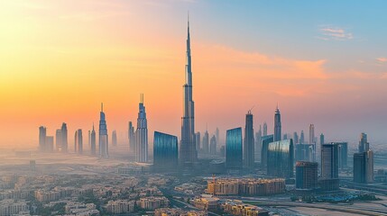 Obraz premium Stunning Sunset View of a Modern Skyline with Iconic Skyscraper