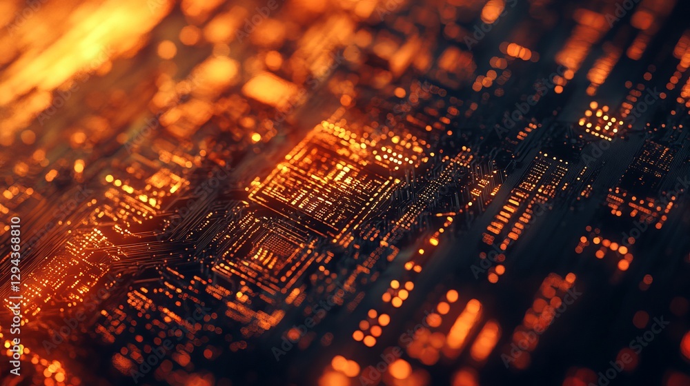 Poster abstract circuit board technology background orange glowing lines digital network hightech innovatio