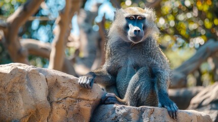 Obraz premium A baboon sits comfortably on a rocky surface, basking in sunlight in its natural habitat surrounded by trees and foliage, showcasing its calm demeanor and striking features.