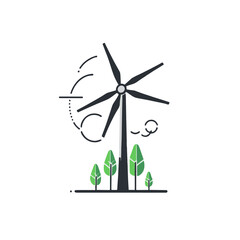 Wind turbine surrounded by trees illustration on light background with copy space
