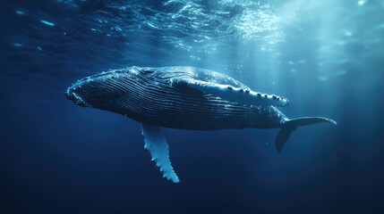 Fototapeta premium Majestic Humpback Whale Swimming in Deep Blue Ocean with Sunlight Reflection – Marine Wildlife Concept