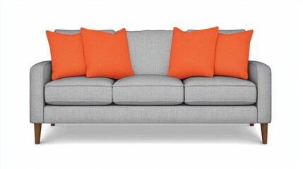 Naklejka premium Modern Gray Couch with Bright Orange Accent Cushions in Living Room