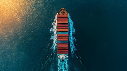 Expansive aerial view of a massive freight ship gliding across the tranquil ocean with golden sunlight beautifully reflecting on the gently rippling water