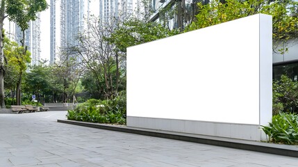 Expansive Blank Advertising Billboard Positioned Along Walkway in Verdant Public Park Ideal Natural Setting with Greenery and Bright Lighting for Product or Branding Mockup Presentations