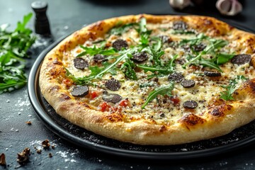 Freshly baked pizza featuring truffles, arugula, and mozzarella cheese, served on a dark surface