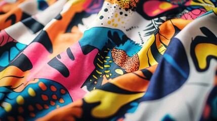 A close-up of a sublimation t-shirt mockup with bright, bold designs all over the fabric
