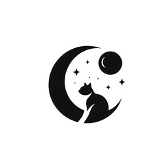 Silhouette of a cat resting on a crescent moon under the night sky.