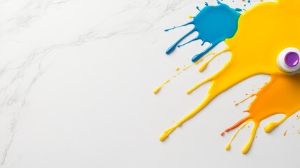 Fototapeta premium Vibrant splashes of paint in blue, yellow, and orange on a white marble surface, showcasing creativity