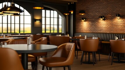 Fototapeta premium Modern restaurant interior featuring brown leather seating, elegant lighting, and large windows showing a scenic view