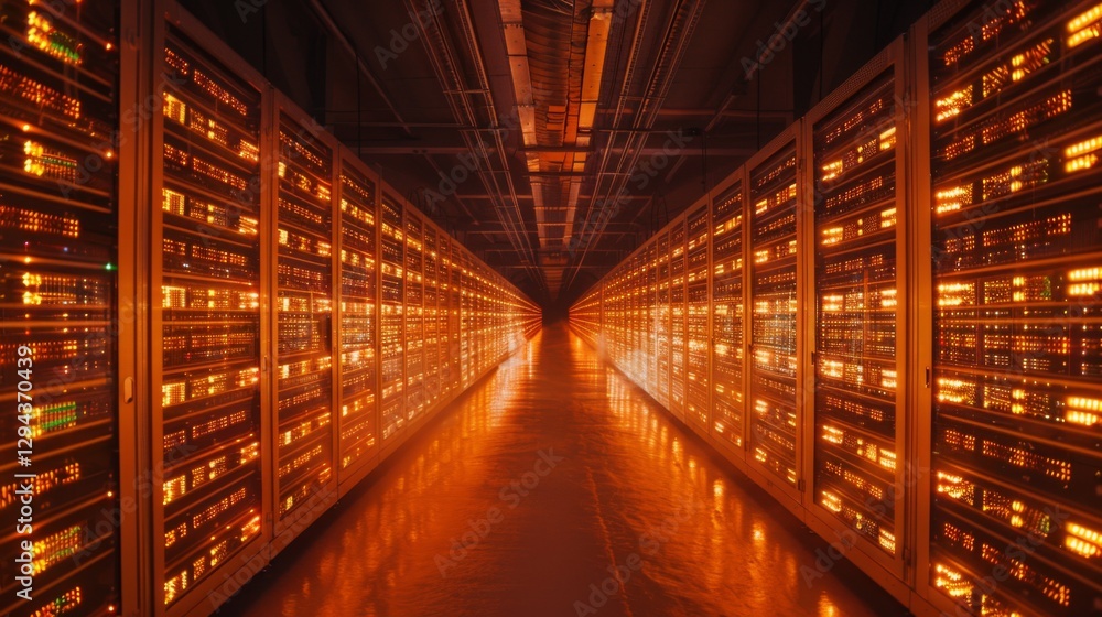 Aufkleber Rows of data servers emit a warm orange glow, creating a striking visual in a darkened data center corridor late at night, showcasing advanced technology and infrastructure.