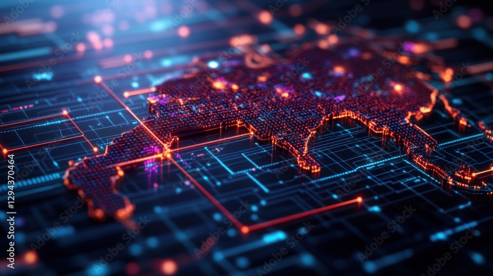 Poster computer circuit board with red and blue lights and abstract map of the middle east visual represent