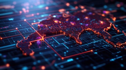 Computer circuit board with red and blue lights and abstract map of the middle east visual representation