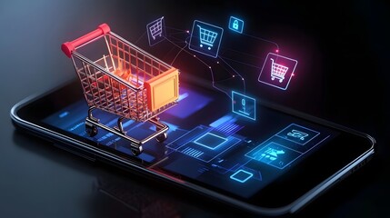 Flat shopping cart with floating digital commerce symbols and UI elements perfect for representing ecommerce online retail and digital sales and marketing themes