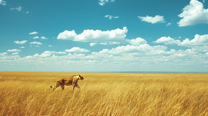 Naklejka premium The majestic presence of a lion roaming the african savanna amongst swaying golden grasses
