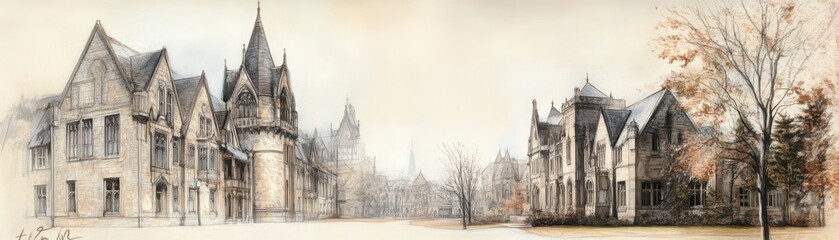 Fototapeta premium Grayscale Cityscape Drawing Of Historic European Buildings Illustrated With Details On Buildings And Streetscapes Including Textures And Perspective. Its A Scenic View Of A European Town With Old