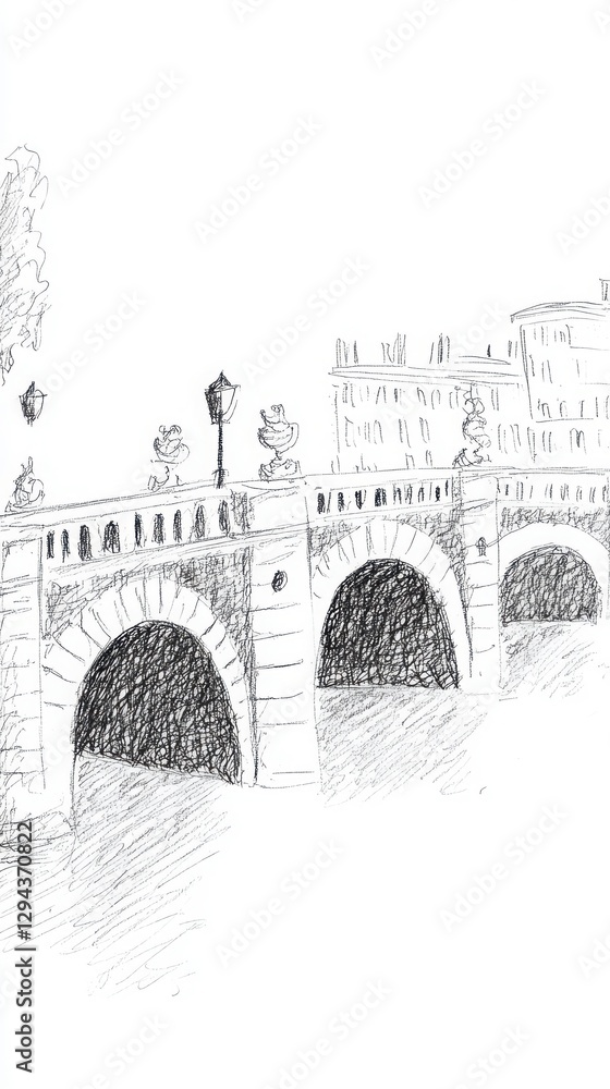 Poster grayscale drawing of a stone bridge archway structure with water viewside detailing and urban scene 