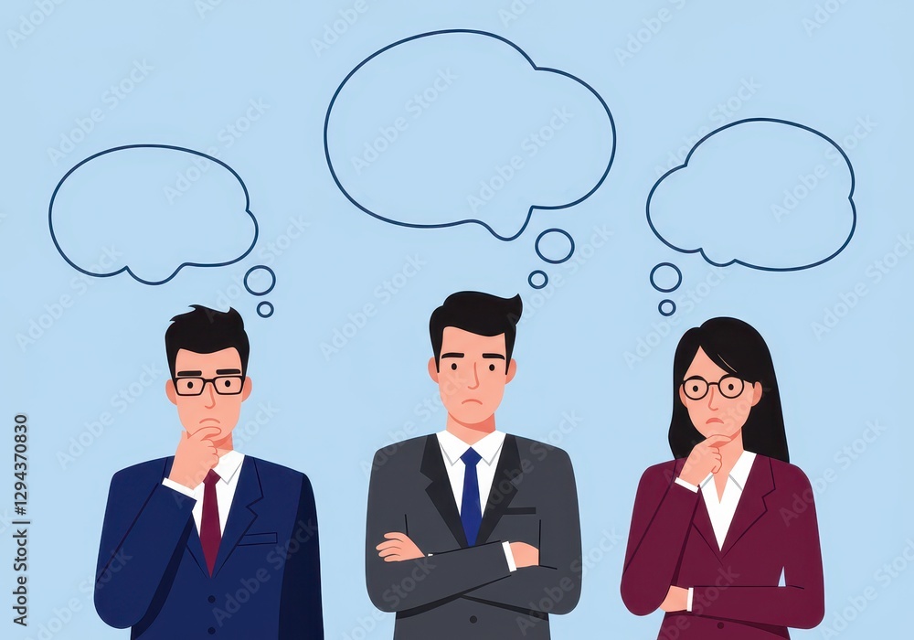 Poster flat illustration of three business professionals with thought bubbles, representing brainstorming a