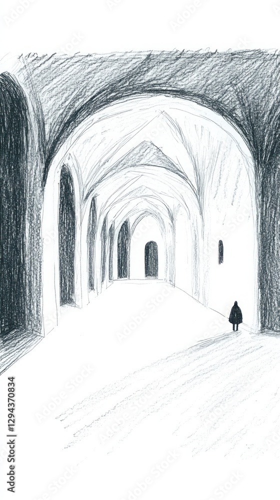 Poster grayscale drawing of a long passageway with a distant figure in the distance through an archway stru