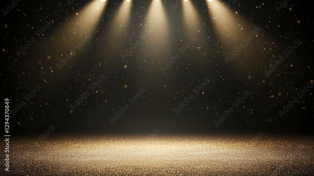 Poster illuminated stage with golden sparkles. a radiant backdrop with depth and shimmering texture
