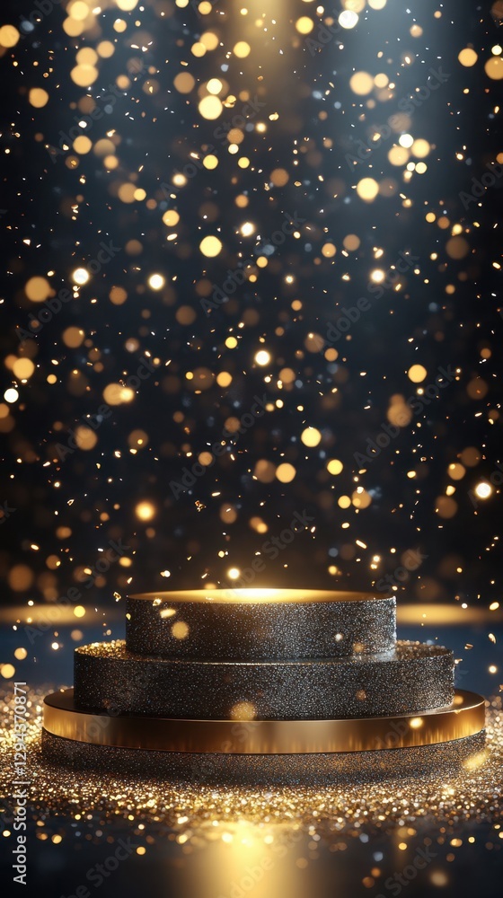 Poster elegant tiered platform illuminated with golden light and sparkling bokeh for product display and ce