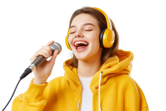 Joyful singing moment as young woman in yellow hoodie enjoys music with headphones on transparent backdrop