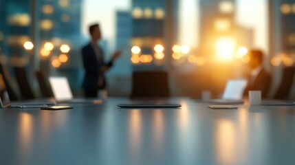 Fototapeta premium Business Meeting with Professionals in Modern Conference Room at Sunset