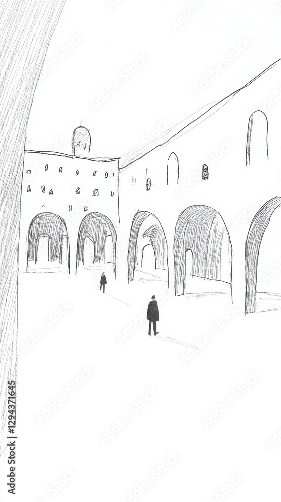 Poster grayscale sketch of an old stone building with arches and a figure. perspective drawing in monochrom