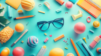 School essentials levitating and balancing in a playful composition for an education-themed