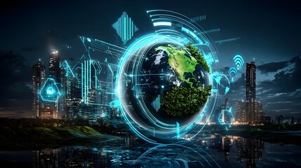 Futuristic business technology and digital innovations converge with a sustainable eco friendly Earth symbolizing responsible corporate strategies and environmental solutions for global challenges